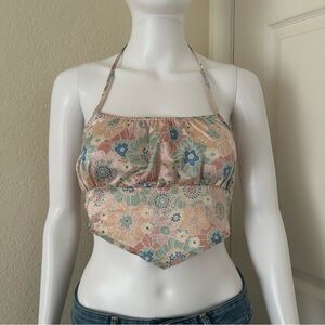 West of Melrose Pastel flower print Cropped smocked back halter top - XS